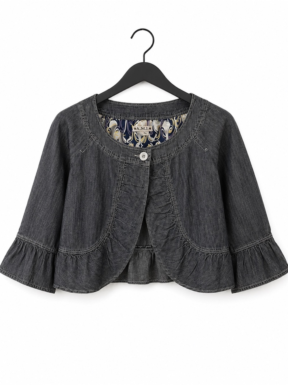 A.M.I. Women’s PXL Dark Denim Cropped Bolero Jacket Ruffle Bell Sleeve Cotton